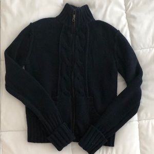 Navy blue cable knit zip up sweater